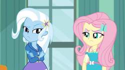 Size: 1280x720 | Tagged: safe, screencap, fluttershy, trixie, a little birdie told me, equestria girls, equestria girls series, g4, female, geode of fauna, magical geodes