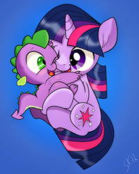 Size: 1647x2059 | Tagged: safe, artist:dsana, spike, twilight sparkle, dragon, pony, unicorn, g4, baby, baby dragon, baby spike, blue background, cute, cutie mark, dsana is trying to murder us, female, filly, filly twilight sparkle, horn, hug, male, one eye closed, one eye open, scales, signature, simple background, spikabetes, spikelove, twiabetes, younger