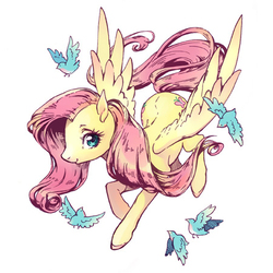 Size: 450x450 | Tagged: safe, artist:kutty-sark, fluttershy, bird, pegasus, pony, g4, female, flying, looking at you, mare, pixiv, simple background, smiling, solo, spread wings, white background, wings