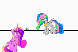Size: 750x500 | Tagged: safe, artist:slamjam, princess cadance, princess celestia, alicorn, butterfly, pony, g4, abuse, angry, animated, caddybuse, duo, female, hammer, looking at something, magic, mare, sitting, smiling
