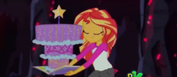 Size: 947x414 | Tagged: safe, edit, edited screencap, screencap, sunset shimmer, comic:a new change, equestria girls, g4, my little pony equestria girls: legend of everfree, 1000 hours in ms paint, cake, female, food, pregnant, pregnant edit, solo, wand