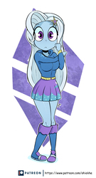 Size: 1429x2647 | Tagged: safe, artist:ohiekhe, trixie, equestria girls, g4, boots, breasts, clothes, cute, diatrixes, female, high heel boots, hoodie, legs, looking at you, moe, shoes, skirt, solo