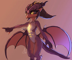 Size: 1024x854 | Tagged: safe, artist:grissaecrim, princess ember, dragon, g4, black sclera, crossover, dragon lord ember, dragoness, female, fusion, gradient background, overwatch, slit pupils, smiling, solo, symmetra