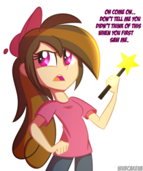 Size: 900x1076 | Tagged: dead source, safe, artist:wubcakeva, oc, oc:cupcake slash, equestria girls, g4, clothes, cosplay, costume, crossover, dialogue, equestria girls-ified, hat, nickelodeon, open mouth, pants, rule 63, shirt, simple background, solo, the fairly oddparents, timmy turner, transparent background