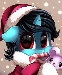 Size: 1446x1764 | Tagged: safe, artist:pridark, oc, oc only, pony, bust, candy, candy cane, christmas, clothes, commission, cute, hat, holiday, looking at you, mouth hold, ocbetes, portrait, red eyes, santa hat, solo, teddy bear