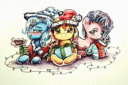 Size: 1637x1092 | Tagged: safe, artist:penny-wren, starlight glimmer, sunset shimmer, trixie, pony, unicorn, g4, blushing, christmas, cider, clothes, cup, hearth's warming eve, holiday, present, socks, striped socks, teacup, traditional art, trio, watercolor painting