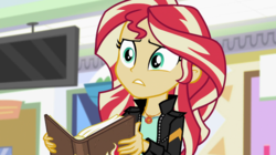 Size: 1280x718 | Tagged: safe, screencap, sunset shimmer, equestria girls, equestria girls specials, g4, my little pony equestria girls: mirror magic, book, clothes, female, geode of empathy, jacket, journal, leather jacket, mall, solo