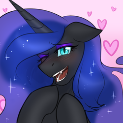 Size: 750x750 | Tagged: safe, artist:cosmalumi, nightmare moon, alicorn, pony, g4, blushing, ethereal mane, fangs, female, floppy ears, heart, looking at you, mare, one eye closed, smiling, solo, starry mane, wink