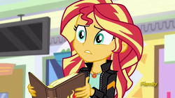 Size: 1920x1080 | Tagged: safe, screencap, sunset shimmer, equestria girls, equestria girls specials, g4, my little pony equestria girls: mirror magic, book, clothes, discovery family logo, female, geode of empathy, jacket, journal, leather jacket, mall, solo