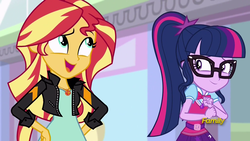 Size: 1920x1080 | Tagged: safe, screencap, sci-twi, sunset shimmer, twilight sparkle, equestria girls, equestria girls specials, g4, my little pony equestria girls: mirror magic, canterlot mall, clothes, discovery family logo, geode of empathy, geode of telekinesis, glasses, jacket, leather jacket, magical geodes, open mouth, ponytail