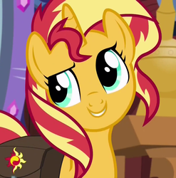 Size: 1067x1079 | Tagged: safe, screencap, sunset shimmer, pony, unicorn, equestria girls, equestria girls specials, g4, my little pony equestria girls: mirror magic, bag, bust, cropped, female, looking up, mare, raised eyebrow, smiling, solo