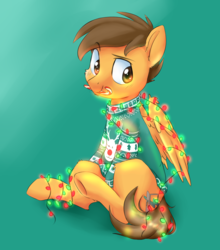 Size: 2626x2978 | Tagged: safe, artist:pucksterv, oc, oc only, oc:compylight, pegasus, pony, christmas, christmas lights, clothes, commission, green background, high res, holiday, male, mouth hold, simple background, sitting, solo, underhoof