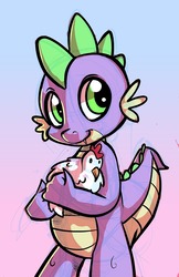 Size: 1247x1920 | Tagged: safe, artist:gsphere, spike, chicken, dragon, g4, gradient background, holding, male, pun, scootachicken, solo, visual pun