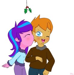 Size: 880x889 | Tagged: safe, artist:chautung, oc, oc only, oc:chaos control, oc:melody aurora, human, hybrid, equestria girls, g4, blushing, chaody, cheek kiss, female, holly, holly mistaken for mistletoe, interspecies offspring, kissing, male, oc x oc, offspring, offspring shipping, one eye closed, parent:discord, parent:flash sentry, parent:fluttershy, parent:twilight sparkle, parents:discoshy, parents:flashlight, shipping, signature, straight, winter outfit