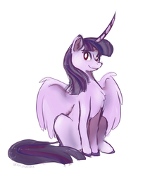 Size: 578x680 | Tagged: safe, artist:ximsketchs, twilight sparkle, alicorn, pony, g4, chest fluff, colored hooves, curved horn, ear fluff, female, horn, looking at you, mare, simple background, sitting, smiling, solo, spread wings, twilight sparkle (alicorn), white background, wings