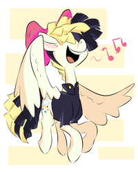 Size: 1000x1250 | Tagged: safe, artist:pencilsandstencils, songbird serenade, pegasus, pony, g4, my little pony: the movie, abstract background, bow, clothes, female, flying, hair bow, hair over eyes, mare, music notes, open mouth, singing, smiling, solo, spread wings, wings