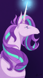 Size: 1121x2000 | Tagged: safe, artist:star-dragon-art, starlight glimmer, pony, unicorn, g4, black background, bust, female, glowing horn, horn, mare, profile, simple background, solo, style emulation, the last unicorn
