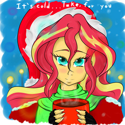 Size: 3000x3000 | Tagged: safe, alternate version, artist:albertbm, sunset shimmer, equestria girls, g4, chocolate, christmas, female, food, happy holidays, hat, high res, holiday, hot chocolate, merry christmas, santa hat, solo