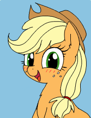 Size: 185x240 | Tagged: safe, artist:wafflecakes, applejack, g4, blushing, cowboy hat, female, hat, looking at you, simple background, solo, stetson