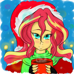 Size: 3000x3000 | Tagged: safe, artist:albertbm, sunset shimmer, equestria girls, g4, chocolate, christmas, clothes, female, fingerless gloves, gloves, happy holidays, hat, high res, holiday, hot chocolate, santa hat, solo, winter outfit
