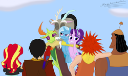 Size: 2874x1709 | Tagged: safe, artist:megaanimationfan, discord, starlight glimmer, sunset shimmer, thorax, trixie, changedling, changeling, equestria girls, g4, aladdin, annoyed, avatar the last airbender, axel, crossover, cute, daaaaaaaaaaaw, discute, disney, hug, iago, king thorax, kingdom hearts, kronk, lea, reformed, reformed four, reformed villain, signature, the emperor's new groove, zuko