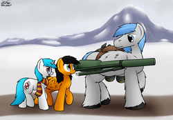 Size: 2383x1654 | Tagged: safe, artist:the-furry-railfan, oc, oc only, oc:featherweight, oc:minty candy, oc:twintails, pegasus, pony, unicorn, carrying, clothes, dirt road, glasses, looking back, mountain, mountain range, nuclear weapon, p 235, recoilless rifle, scarf, size difference, snow, story included, unamused, weapon