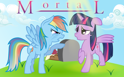 Size: 1920x1200 | Tagged: safe, artist:kittyhawk-contrail, rainbow dash, twilight sparkle, alicorn, pony, g4, angry, benman, crying, elderly, fanfic, fanfic art, fanfic cover, female, grave, gravestone, immortality, immortality blues, immortality is awesome, mare, mortal, mortality, mortality blues, old, older, older rainbow dash, pointing, rational fic bait, transhumanism, twilight sparkle (alicorn), twilight will outlive her friends