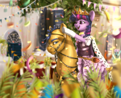 Size: 1600x1300 | Tagged: safe, artist:makkah, flash sentry, twilight sparkle, alicorn, pegasus, pony, anthro, g4, anthro with ponies, bit, bridle, cloak, clothes, confetti, crown, dress, female, jewelry, male, mare, ponies riding ponies, regalia, reins, riding, scenery, scepter, ship:flashlight, shipping, smiling, stallion, straight, tack, twilight riding flash sentry, twilight sparkle (alicorn)