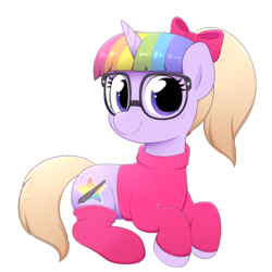 Size: 3000x3000 | Tagged: safe, artist:moozua, oc, oc only, oc:lullaby tiara, pony, unicorn, 2018 community collab, derpibooru community collaboration, bow, clothes, female, freckles, glasses, hair bow, high res, mare, simple background, socks, solo, sweater, transparent background