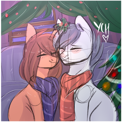 Size: 4000x4000 | Tagged: safe, artist:pesty_skillengton, oc, oc only, christmas, christmas tree, clothes, commission, cute, holiday, holly, holly mistaken for mistletoe, love, male, mistletoe, new year, scarf, stallion, tree, winter, your character here