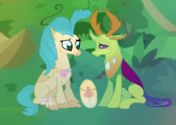 Size: 1102x784 | Tagged: safe, artist:theapplebeauty, princess skystar, thorax, changedling, changeling, classical hippogriff, hippogriff, g4, my little pony: the movie, base used, crack shipping, egg, female, king thorax, male, parent:princess skystar, parent:thorax, parents:skyrax, shipping, sitting, skyrax, straight