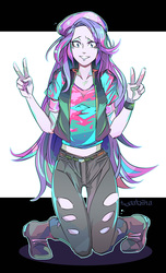 Size: 1200x1968 | Tagged: safe, artist:tyuubatu, starlight glimmer, equestria girls, equestria girls specials, g4, my little pony equestria girls: mirror magic, beanie, clothes, female, hat, looking at you, peace sign, smiling, solo
