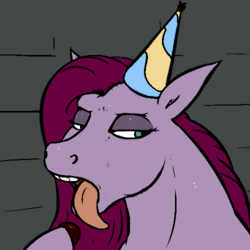 Size: 500x500 | Tagged: safe, artist:stoopedhooy, pinkie pie, g4, party of one, bust, candy, chocolate, comfort eating, eating, food, hat, lowres, open mouth, party hat, pinkamena diane pie, portrait, tongue out