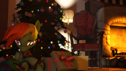 Size: 3840x2160 | Tagged: safe, artist:funsketch, rainbow dash, g4, 3d, chair, christmas, christmas tree, female, fireplace, high res, holiday, present, solo, source filmmaker, teddy bear, tree