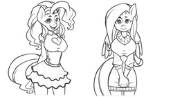 Size: 1280x720 | Tagged: safe, artist:cpwny, fluttershy, pinkie pie, anthro, g4, adorasexy, boob window, breasts, busty fluttershy, busty pinkie pie, clothes, cute, grayscale, heart shaped boob window, looking at you, monochrome, open mouth, sexy, simple background, smiling, sweater, sweatershy, white background