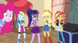 Size: 800x449 | Tagged: safe, screencap, applejack, pinkie pie, rainbow dash, sci-twi, sunset shimmer, twilight sparkle, equestria girls, equestria girls specials, g4, movie magic, animated, boots, clothes, cowboy boots, female, geode of super speed, geode of telekinesis, gif, india movie set, magical geodes, rainbow socks, shoes, socks, striped socks