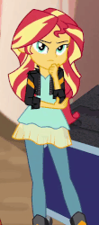 Size: 364x824 | Tagged: safe, screencap, sunset shimmer, equestria girls, equestria girls specials, g4, my little pony equestria girls: movie magic, animated, clothes, female, gif, india movie set, jacket, leather jacket, pants, whatever