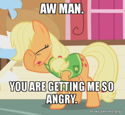 Size: 500x459 | Tagged: safe, edit, edited screencap, screencap, applejack, g4, winter wrap up, aqua teen hunger force, clothes, cropped, eyes closed, facehoof, image macro, makeameme.org, meme, vest, winter wrap up vest