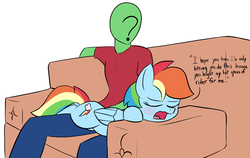 Size: 2619x1652 | Tagged: safe, artist:infrayellow, rainbow dash, oc, oc:anon, human, pegasus, pony, g4, anon's couch, blushing, couch, dialogue, eyes closed, female, mare, open mouth, petting, simple background, tsunderainbow, tsundere, white background