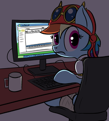 Size: 1235x1371 | Tagged: safe, artist:infrayellow, rainbow dash, pony, g4, my little pony: the movie, /mlp/, caught, chair, computer, cup, female, goggles, keyboard, looking at you, looking back, looking back at you, mare, mug, piracy, pirate outfit, pirate rainbow dash, pun, sitting, solo, torrent, visual pun
