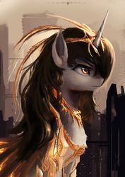Size: 2480x3508 | Tagged: safe, artist:aidelank, oc, oc only, oc:queen salinas, pony, unicorn, armor, city, female, headdress, high res, jewelry, mare, solo