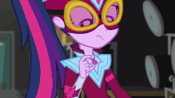 Size: 800x449 | Tagged: safe, screencap, sci-twi, twilight sparkle, equestria girls, equestria girls specials, g4, my little pony equestria girls: movie magic, animated, clothes, costume, female, gem, geode of telekinesis, gif, glowing hands, goggles, jewelry, magic, magical geodes, masked matter-horn costume, necklace, pendant, power ponies, solo