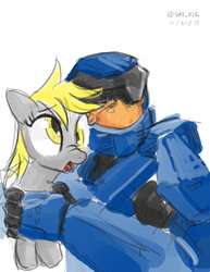 Size: 1024x1325 | Tagged: safe, artist:satv12, derpy hooves, pony, g4, crossover, female, halo (series), holding a pony, mare, michael j caboose, red vs blue