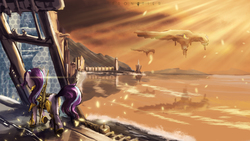 Size: 3840x2160 | Tagged: safe, artist:aidelank, starlight glimmer, g4, crepuscular rays, epic, female, future, high res, scenery, science fiction, solo, spaceship, sword, weapon