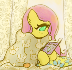 Size: 2000x1928 | Tagged: safe, artist:sigpi, fluttershy, pegasus, pony, g4, blanket, book, cozy, cute, female, hoof hold, mare, reading, shyabetes, solo