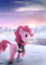 Size: 2480x3508 | Tagged: safe, artist:yvt-jp, pinkie pie, earth pony, pony, g4, winter wrap up, butt, clothes, cloud, dawn, female, frozen, high res, ice, ice skates, lake, looking at you, looking back, looking back at you, mare, plot, scarf, sky, snow, solo, tree, winter, winter wrap up vest