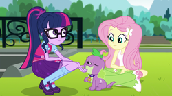 Size: 1912x1072 | Tagged: safe, screencap, fluttershy, sci-twi, spike, spike the regular dog, twilight sparkle, dog, equestria girls, equestria girls specials, g4, my little pony equestria girls: dance magic, boots, bowtie, clothes, crossed legs, cute, eyes closed, fence, glasses, high heel boots, kneeling, mary janes, parking lot, ponytail, sci-twi outfits, shoes, skirt, socks, tree