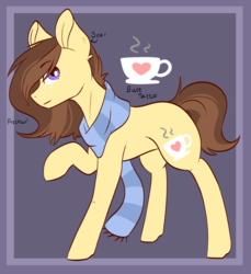 Size: 1024x1120 | Tagged: safe, artist:coffeequake, oc, oc only, oc:coffee, earth pony, pony, clothes, coffee, cutie mark background, female, mare, raised hoof, reference sheet, scarf, solo