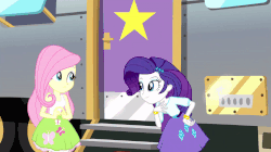 Size: 800x449 | Tagged: safe, screencap, chestnut magnifico, fluttershy, rarity, equestria girls, equestria girls specials, g4, my little pony equestria girls: movie magic, animated, bracelet, clothes, door, face, female, gif, high heels, jewelry, legs, one eye closed, ouch, pictures of legs, shoes, skirt, slapstick, trio, wavy mouth