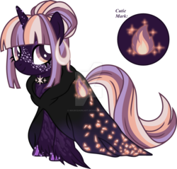 Size: 1024x978 | Tagged: safe, artist:magicdarkart, oc, oc only, pony, unicorn, cloak, clothes, ear piercing, earring, female, jewelry, magical lesbian spawn, mare, offspring, parent:sunset shimmer, parent:twilight sparkle, parents:sunsetsparkle, piercing, simple background, solo, transparent background, unshorn fetlocks, watermark